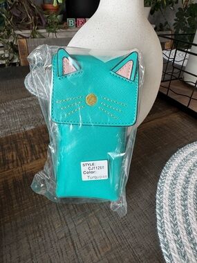 Turquoise Cat Phone Pouch - Cute Cat Face Crossbody Case